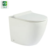 Bồn cầu treo tường màu trắng, thiết kế hiện đại, nắp đóng liền khít, logo T&F góc trên trái.