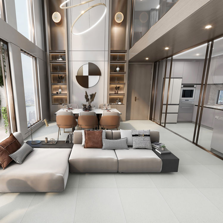 Phòng khách hiện đại, sofa xám, bàn ăn, đèn trần vòng, cửa sổ lớn, kệ sách.