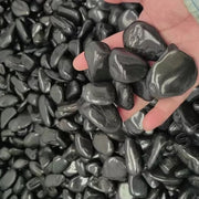 Tay cầm nhiều viên sỏi đen bóng, xung quanh là rất nhiều sỏi tương tự.