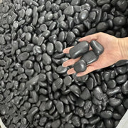 Bàn tay nắm các viên sỏi đen bóng, xung quanh là nhiều viên sỏi tương tự.