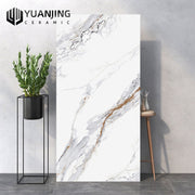 Tấm gạch men trắng vân đá, bên cạnh là chậu cây xanh trên kệ đen.