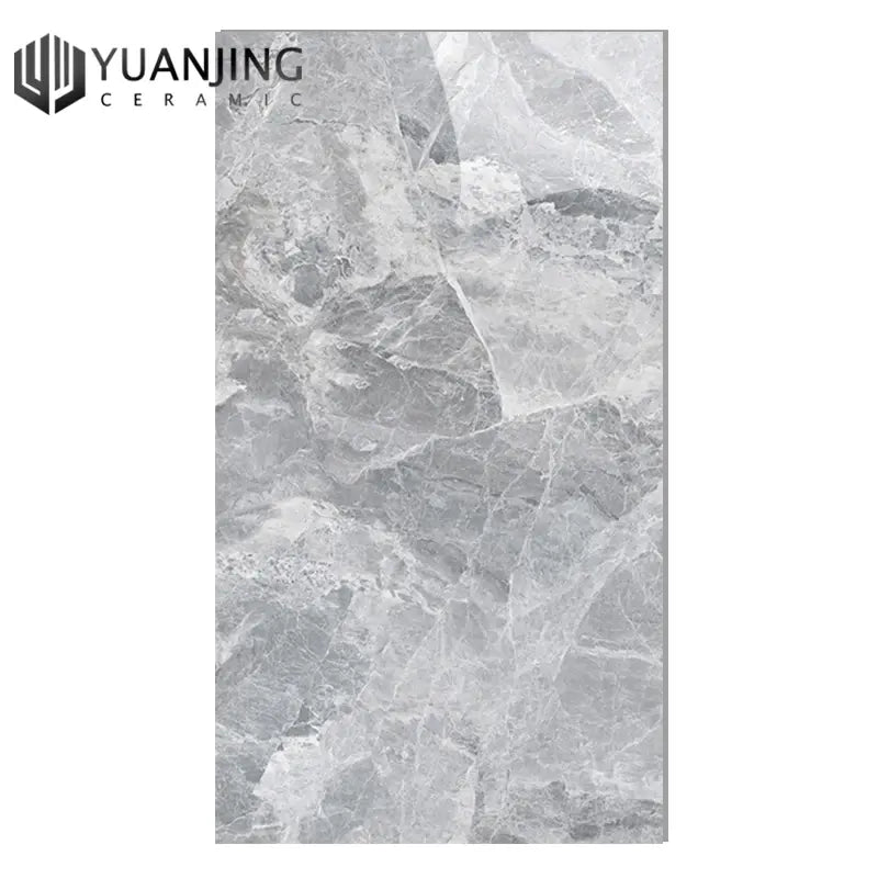 Gạch lát nền màu xám đá cẩm thạch với vân trắng và xám, logo Yuanjing Ceramic.