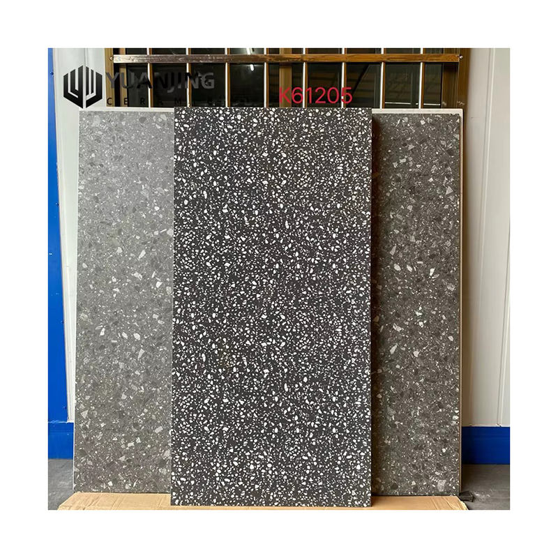 Ba tấm gạch hoa văn đá xám, trắng, và đen, với họa tiết terrazzo nổi bật.