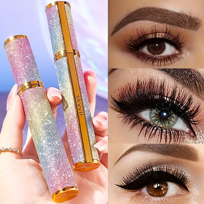 Hai thỏi mascara lấp lánh nhiều màu, tay cầm; ba ảnh mắt trang điểm đậm, mi cong.