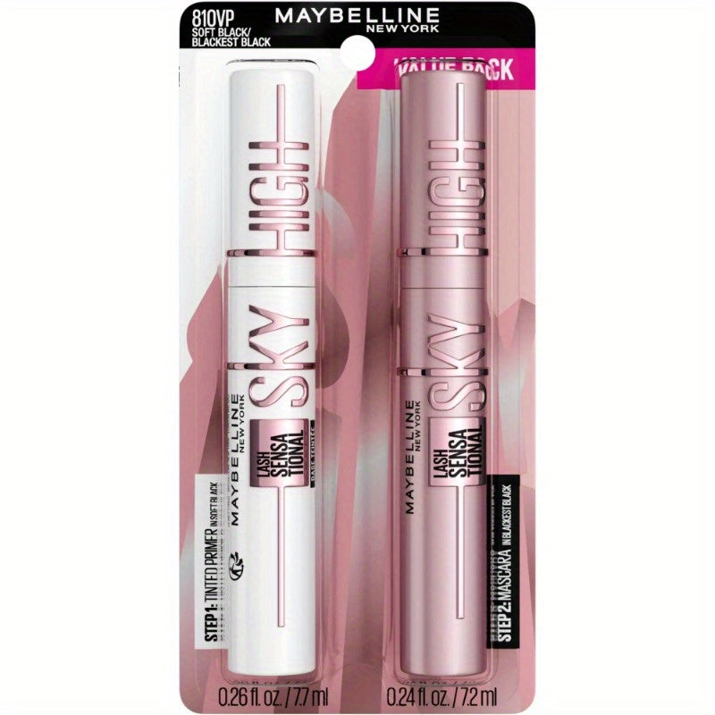 Hai ống mascara Maybelline Sky High, một trắng, một hồng nhạt, trên nền bao bì màu hồng.