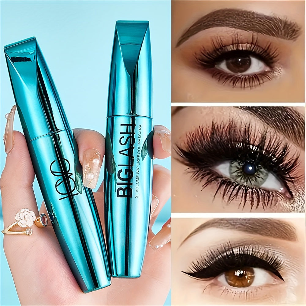 Hai lọ mascara xanh, nền xanh; ba hình mắt với lông mi dài, dày.
