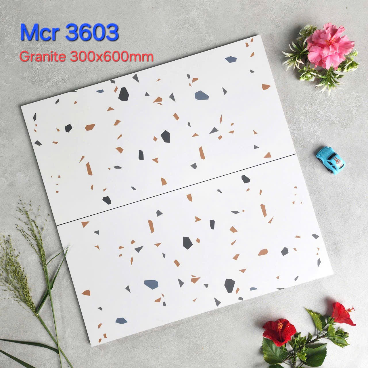 Gạch granite trắng đốm nâu, đen; cạnh hoa hồng, cỏ xanh và xe đồ chơi xanh dương.
