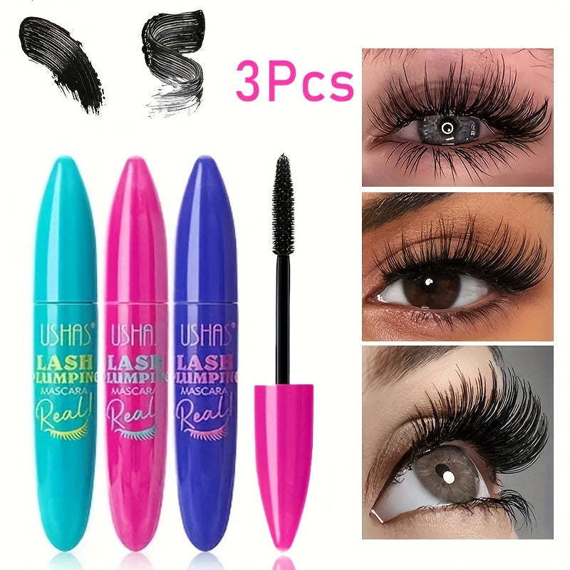 Ba tuýp mascara màu xanh, hồng, tím, với cọ chuốt mascara và hình ảnh mắt có lông mi dày.