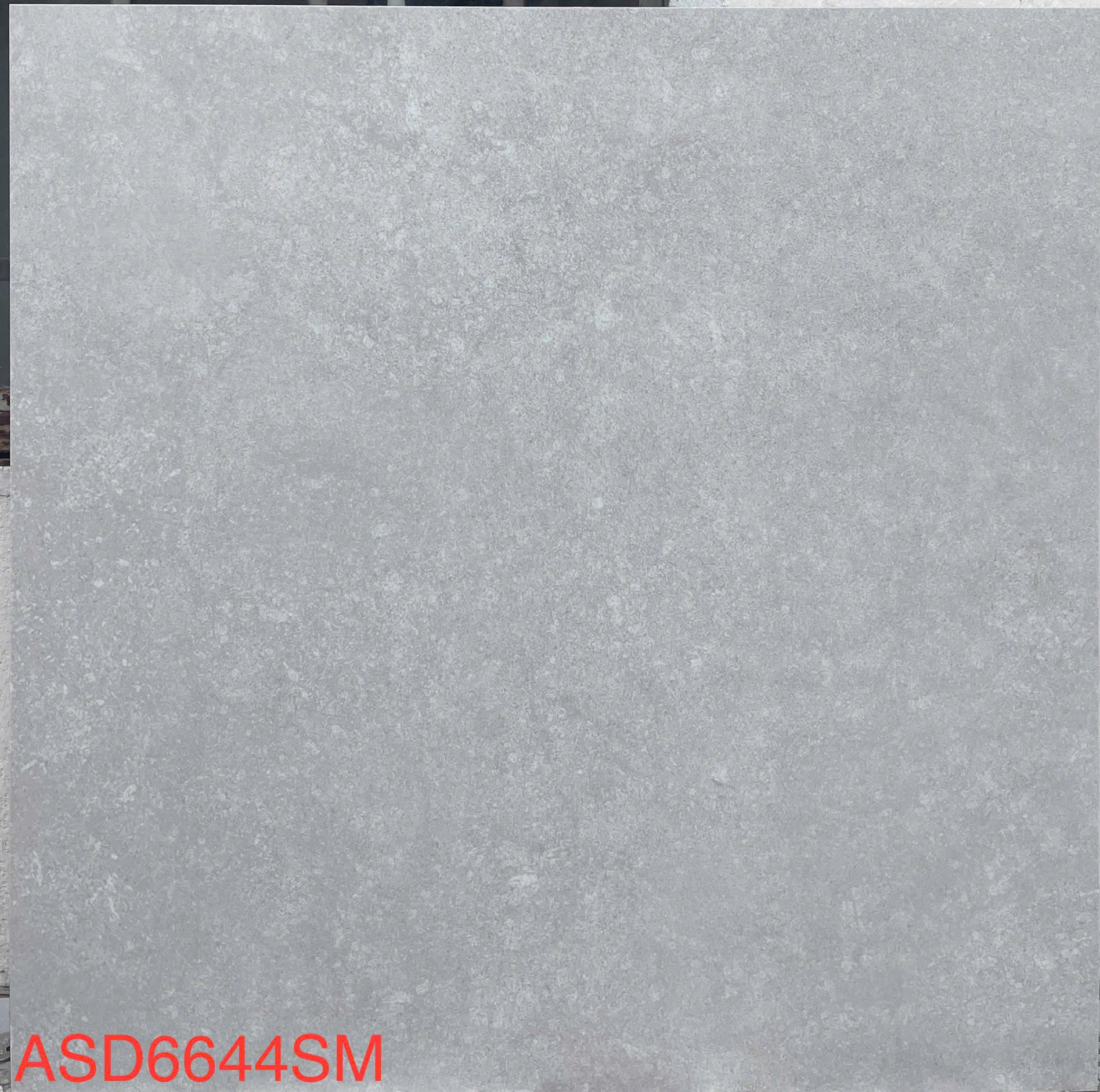 Gạch màu xám nhạt với hoa văn nhẹ, mã ASD6644SM màu đỏ ở góc dưới cùng bên trái.
