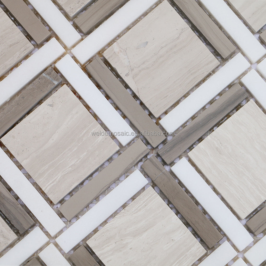 Gạch Mosaic Đá Tự Nhiên Xám Trắng cho Ốp Bếp, Tường Phòng Tắm
