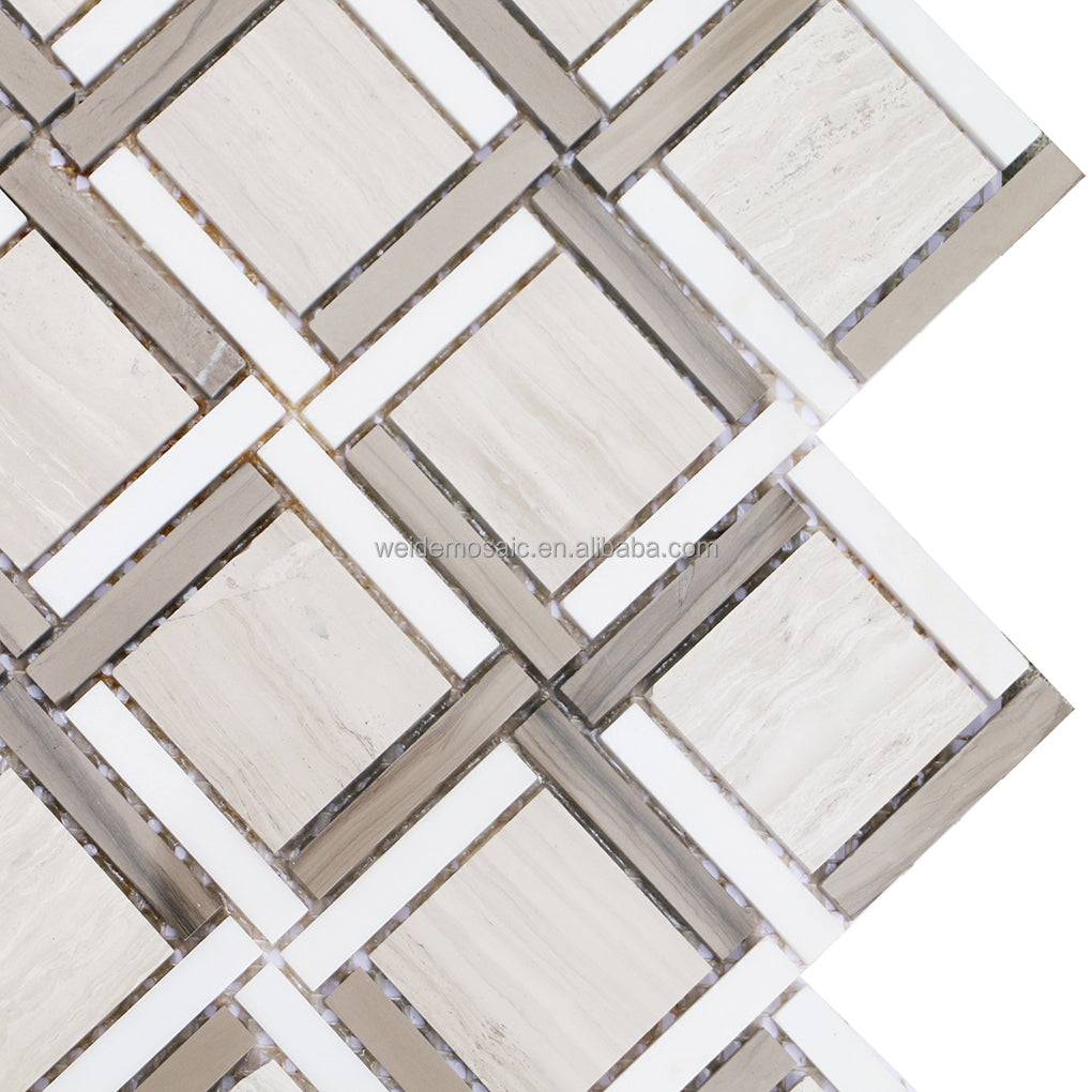 Gạch Mosaic Đá Tự Nhiên Xám Trắng cho Ốp Bếp, Tường Phòng Tắm
