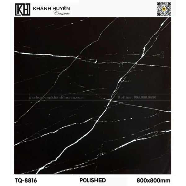 Gạch đen bóng với đường vân trắng mảnh, kích thước 800x800mm, thương hiệu Khánh Huyền.