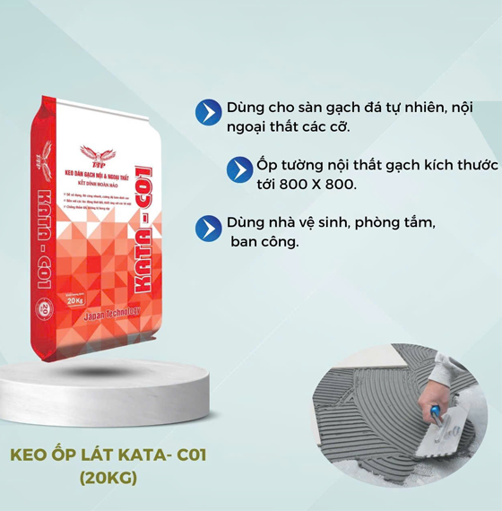 Bao keo ốp lát màu đỏ, trắng; tay thợ trải keo xám trên nền; chữ hướng dẫn màu xanh.