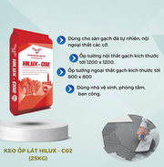 Bao keo ốp lát Hilux-C02 màu đỏ với thông tin ứng dụng và hình ảnh người đang lát gạch.