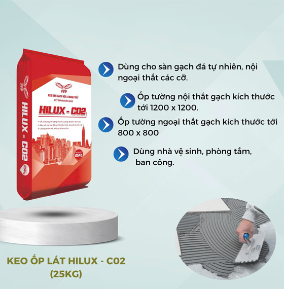 Bao keo ốp lát Hilux-C02 màu đỏ với thông tin ứng dụng và hình ảnh người đang lát gạch.