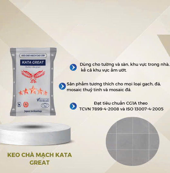 Bao bì keo chà mạch Kata Great, nền be, logo đại bàng đỏ, thông tin sử dụng và tiêu chuẩn.