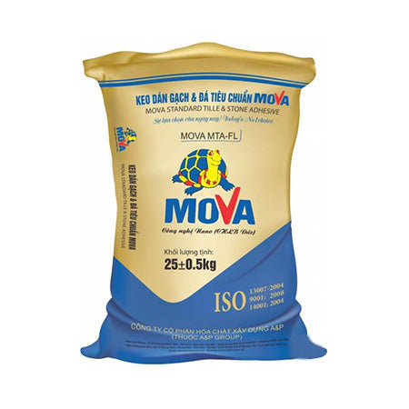 Bao bì keo dán gạch màu vàng-xanh, in hình rùa, chữ "MOVA" lớn, khối lượng 25±0.5kg.