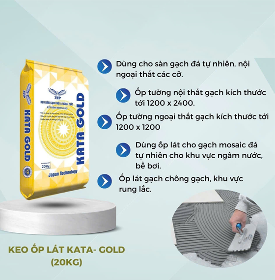Bao bì keo ốp lát KATA GOLD 20kg màu vàng, nền xanh nhạt, có hướng dẫn sử dụng bên phải.
