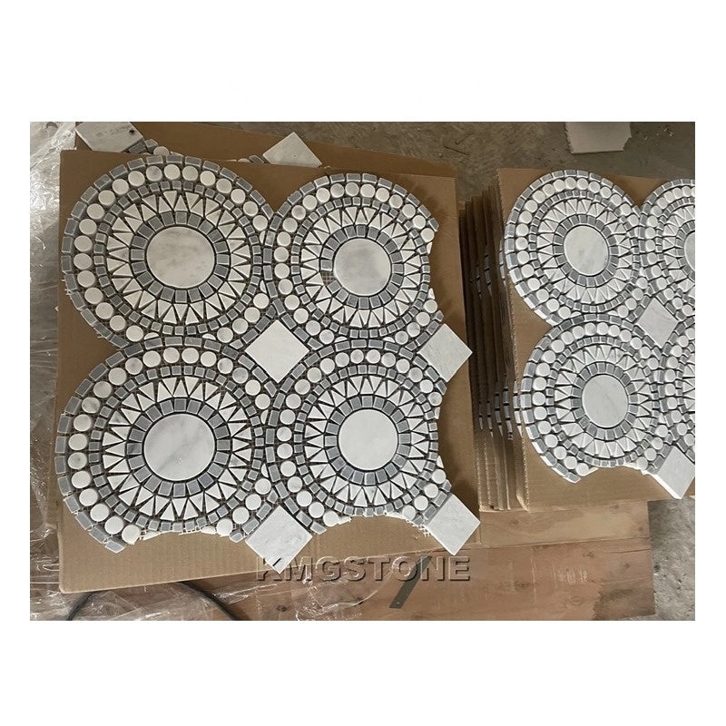 Soulscrafts Gạch Mosaic Đá Cẩm Thạch Carrara Hình Tròn Đồng Xu Màu Trắng Hiện Đại và Tấm Đá Dolomite Đánh Bóng