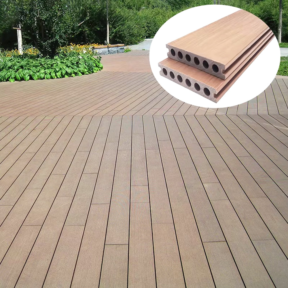 Tấm lát sàn gỗ nhựa composite đùn kép chống thấm nước, có lớp phủ vân gỗ PE, dùng làm sàn ngoài trời cho sân vườn