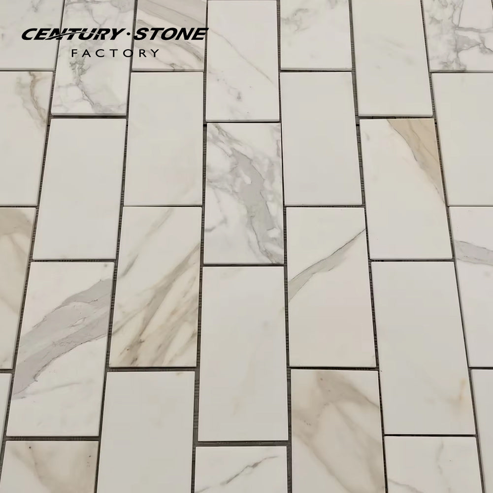 Centurymosaic Gạch Trắng Đánh Bóng Đá Tự Nhiên Cẩm Thạch Calacatta Vàng Gạch Mosaic Kiểu Tàu Điện Ngầm
