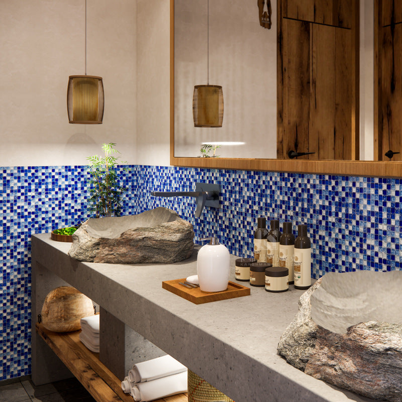 Gạch Mosaic Chống Trượt Hình Vuông Thiết Kế Bề Mặt Vân Nứt Băng Màu Xanh Dương Dùng Cho Hồ Bơi Và Phòng Tắm