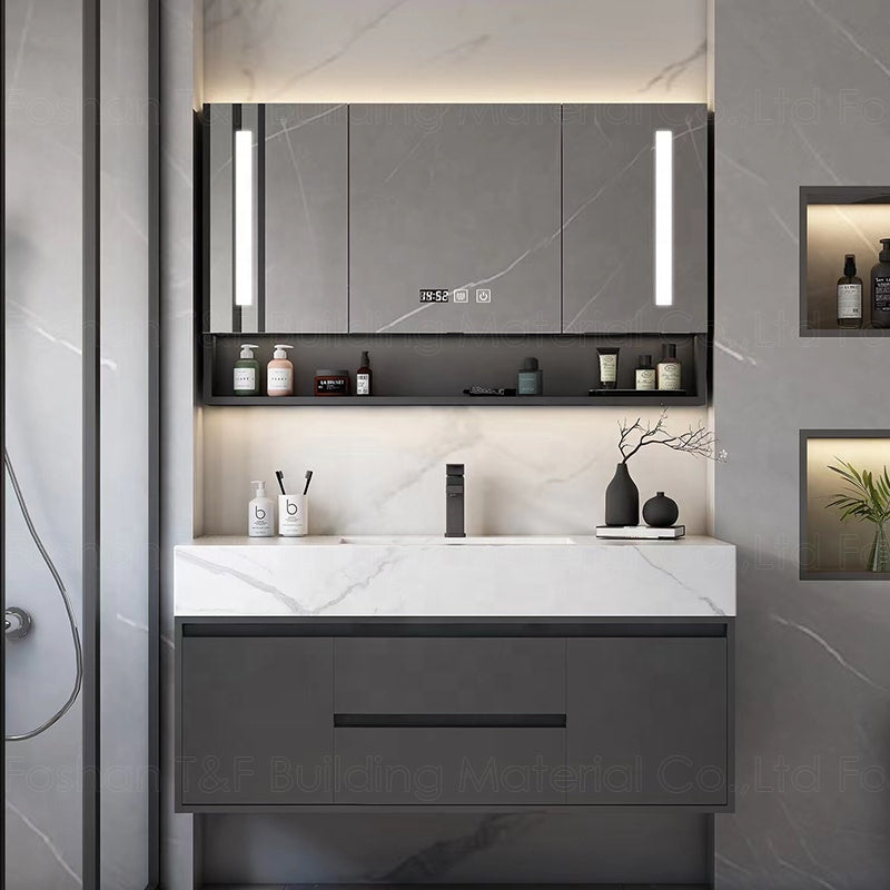 Phòng tắm khách sạn Gỗ tự nhiên sang trọng Tủ lavabo phòng tắm treo tường Tủ gương phòng tắm gỗ dán treo tường