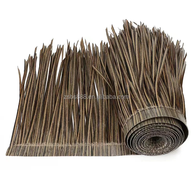 Cuộn lá nhân tạo màu nâu đậm nhạt xen kẽ, tua rua ở phần trên, cuộn tròn ở phần dưới.
