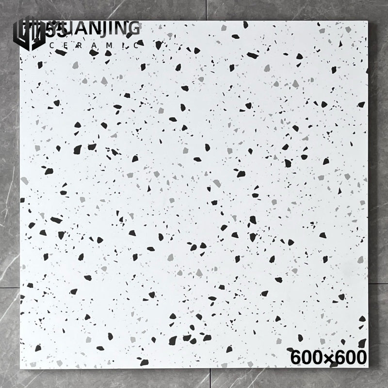 Gạch Porcelain Cao cấp 600x600mm Bề mặt mờ, Phong cách Terrazzo hiện đại vân đá Cẩm thạch, dùng lát sàn phòng khách, phòng tắm