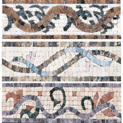 Ba mẫu gạch mosaic với đường cong uốn lượn, màu nâu, xanh lá, xanh dương và be.