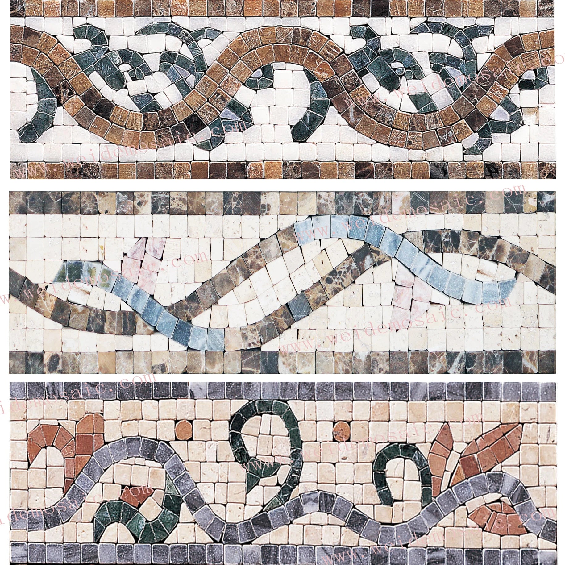 Ba mẫu gạch mosaic với đường cong uốn lượn, màu nâu, xanh lá, xanh dương và be.