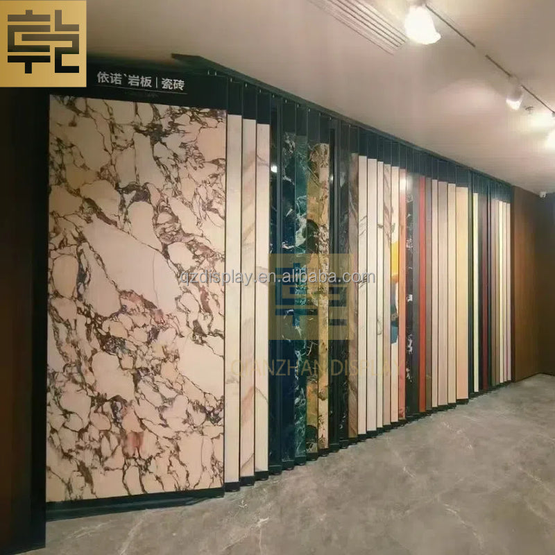 Kệ trưng bày trượt ngang bằng kim loại cỡ lớn, sản xuất theo yêu cầu, cho tấm đá cẩm thạch, đá nung kết, gạch porcelain dùng trong phòng trưng bày