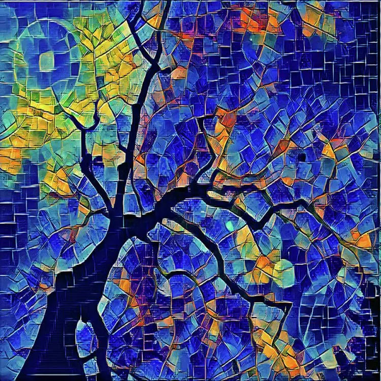 Hình ảnh nghệ thuật cây với màu xanh, vàng, cam trên nền vuông nhỏ, nền tối phong cách mosaic.
