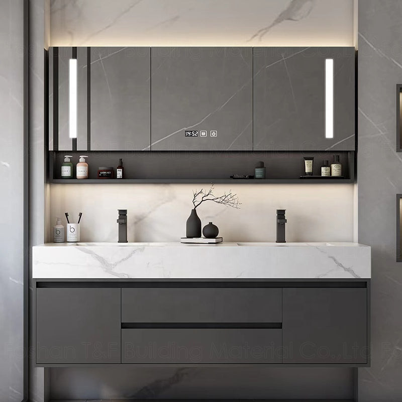 Phòng tắm khách sạn Gỗ tự nhiên sang trọng Tủ lavabo phòng tắm treo tường Tủ gương phòng tắm gỗ dán treo tường