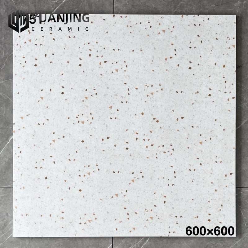 Gạch Porcelain Cao cấp 600x600mm Bề mặt mờ, Phong cách Terrazzo hiện đại vân đá Cẩm thạch, dùng lát sàn phòng khách, phòng tắm