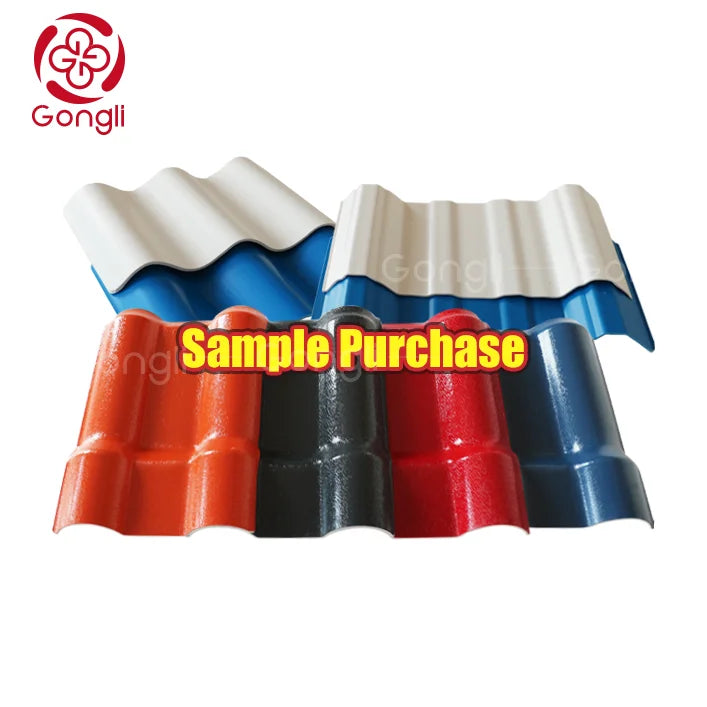 Tấm lợp màu cam, đen, đỏ, xanh, trắng gợn sóng với chữ "Sample Purchase" ở giữa.