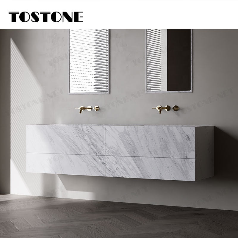 Tostone Tủ lavabo cổ điển, hoàn thiện mờ tự nhiên, đá trắng Volaksas sang trọng
