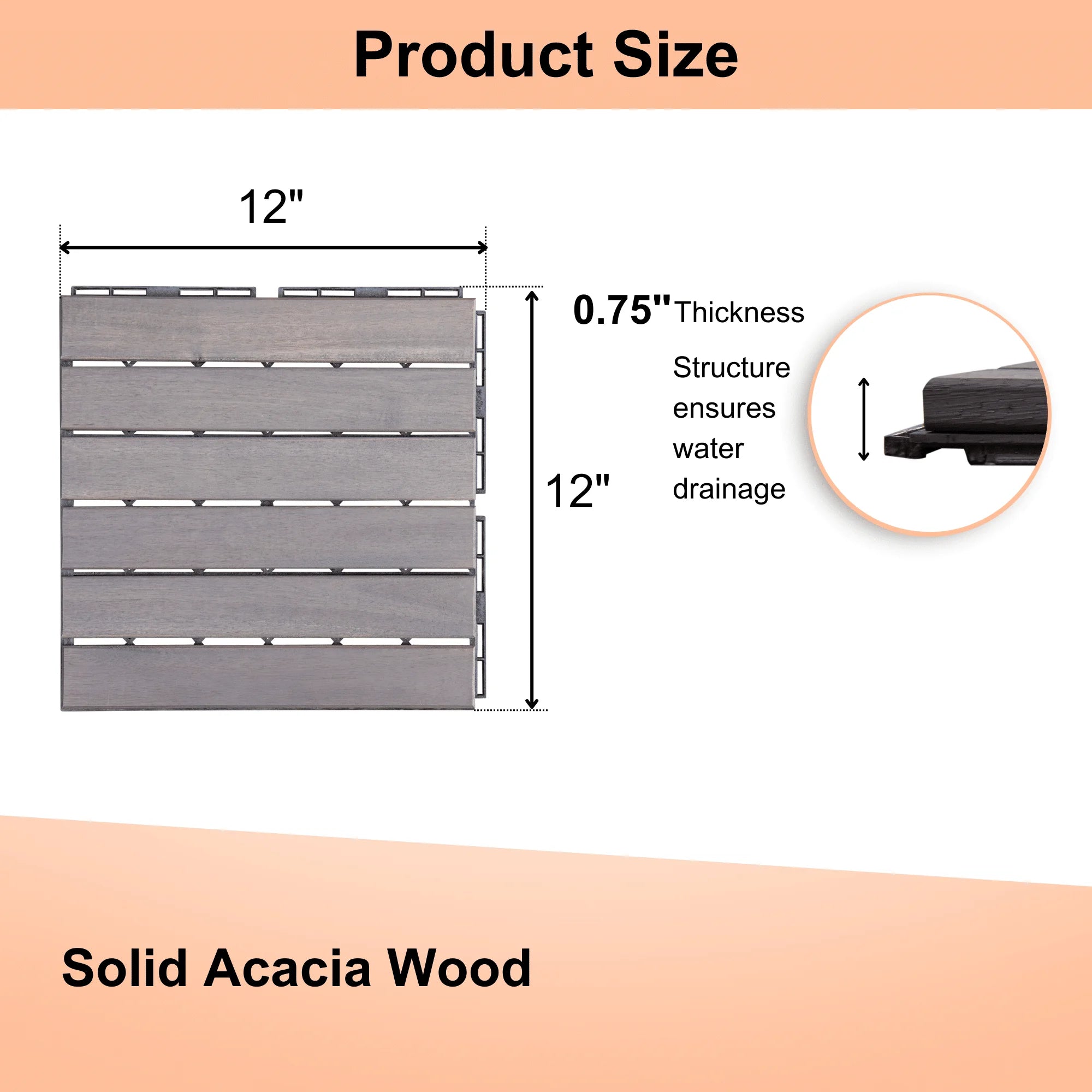 DB 10 PCS Light Gray Acacia Hardwood Interlocking Deck Tiles 12\" X 12\" Striped Pattern for Outdoor Patio Flooring