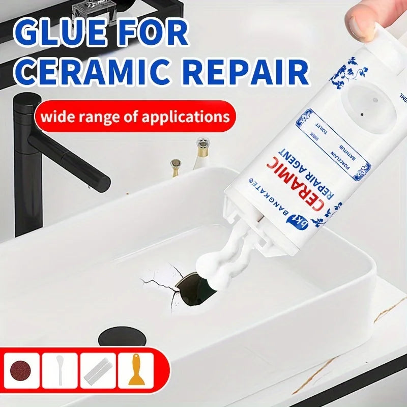 Keo sửa gốm màu trắng đang được bơm vào vết nứt trên bồn rửa màu trắng.