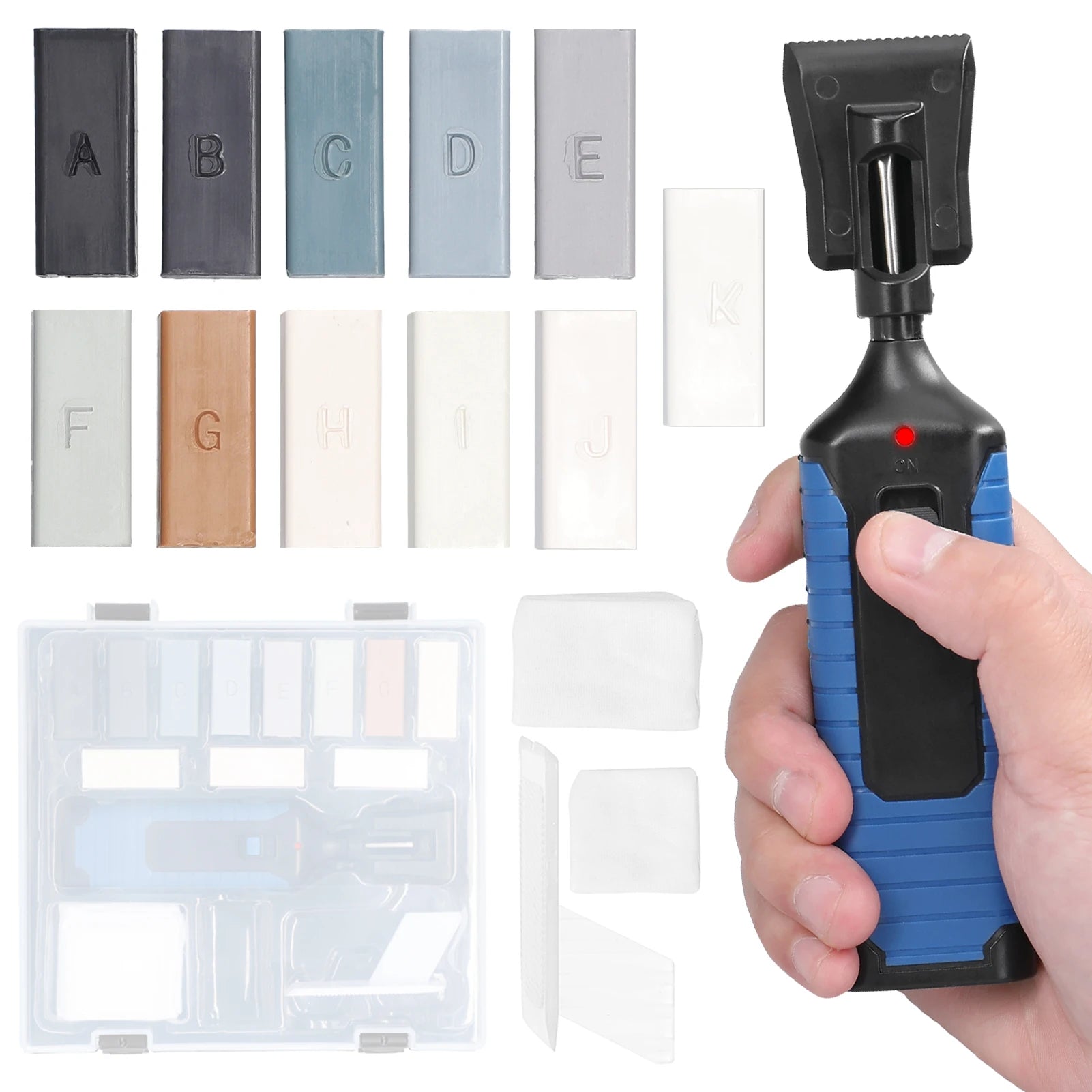 Tay cầm dụng cụ xanh đen cầm tay, cùng 11 thanh màu đa sắc và hộp nhựa chứa dụng cụ.