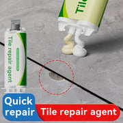 Ống keo sửa gạch màu xanh, vàng, và trắng trên nền gạch xám với vết nứt được khoanh tròn đỏ.