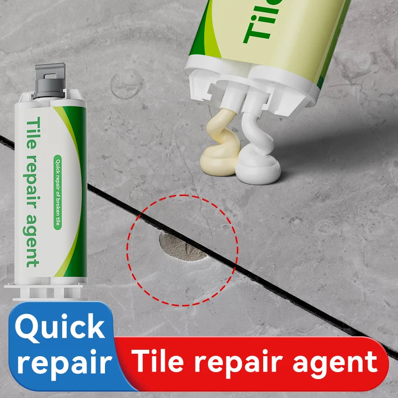 Ống keo sửa gạch màu xanh, vàng, và trắng trên nền gạch xám với vết nứt được khoanh tròn đỏ.