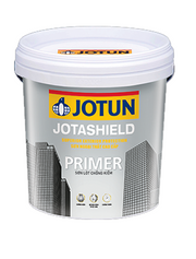 Thùng sơn Jotun Jotashield màu xám, nắp trắng, có hình toà nhà và logo Jotun xanh đỏ vàng.