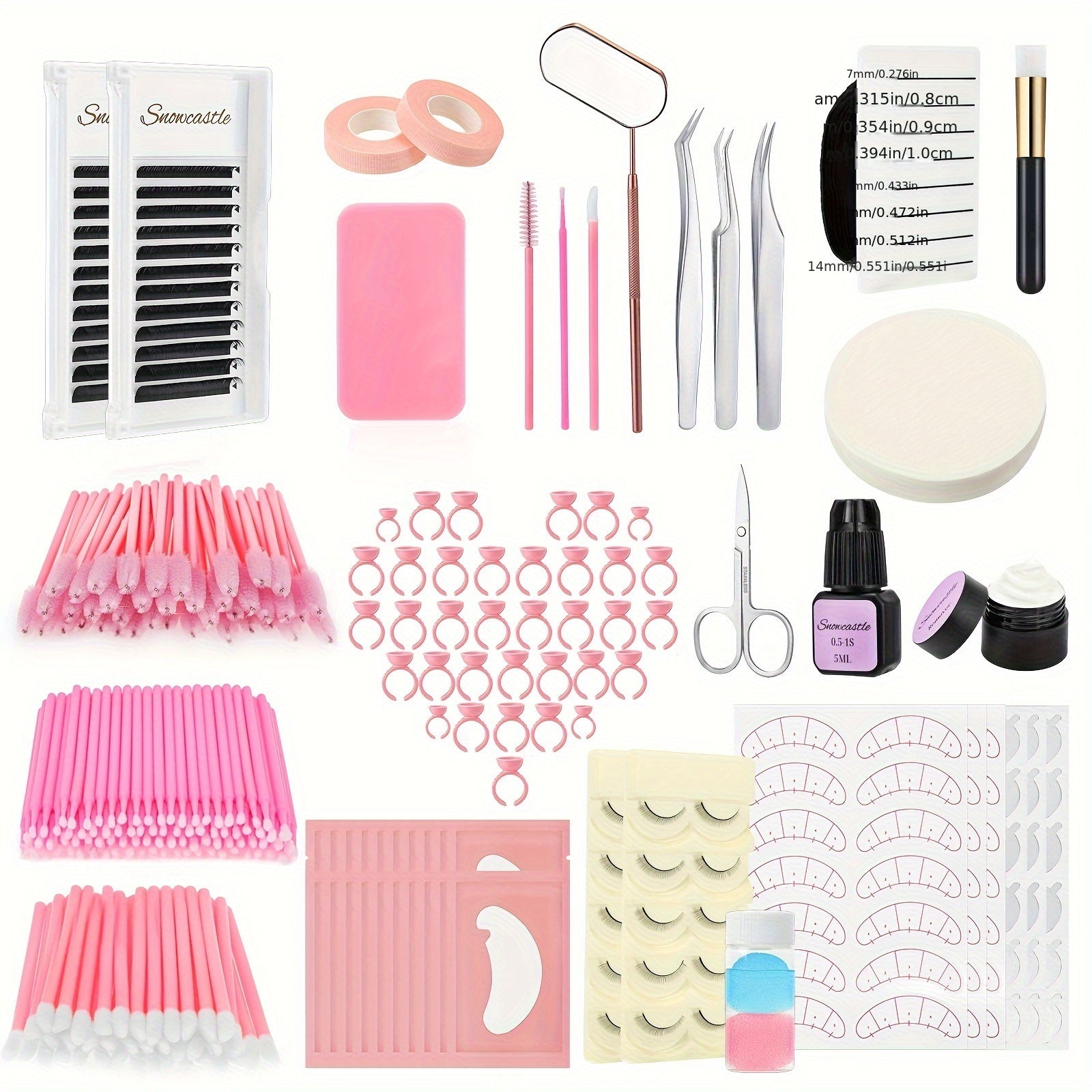 Bộ dụng cụ nối mi màu hồng, gồm nhíp, cọ, băng dính, keo và mi giả.