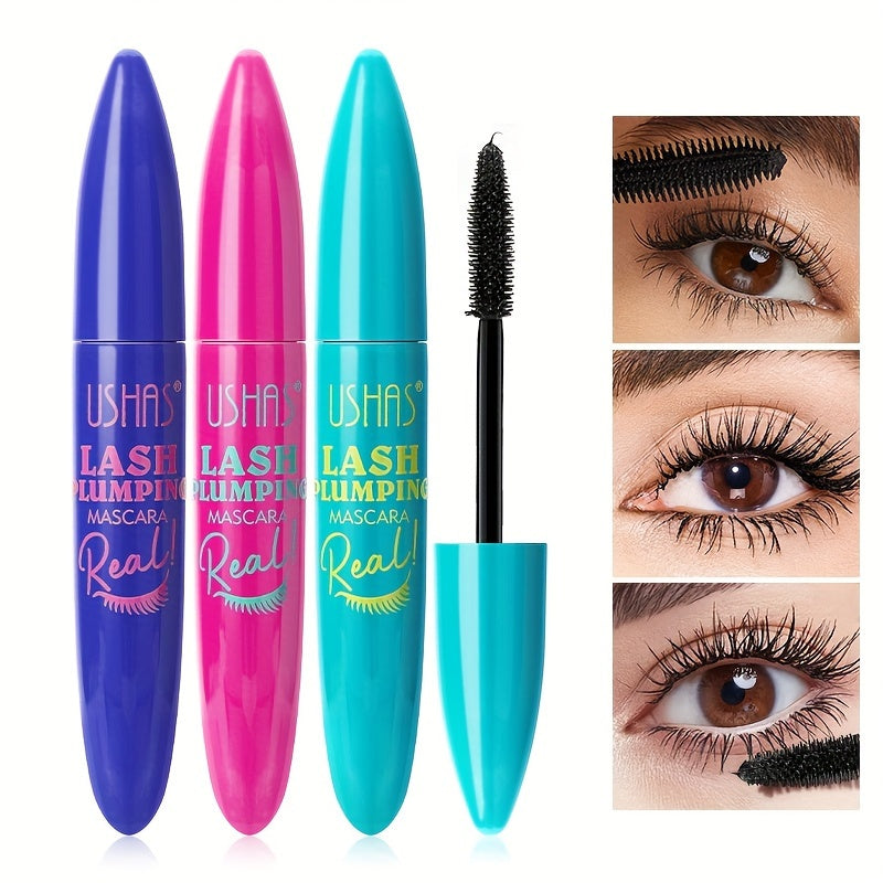 Ba ống mascara màu xanh dương, hồng và xanh ngọc với cọ và hình ảnh lông mi trước, sau.