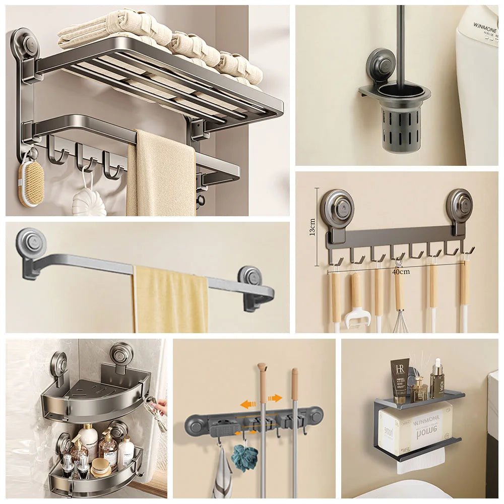 Bộ Phụ Kiện Tắm Xám - Giá Treo Khăn & Kệ Hút Chân Không - Daisan Store