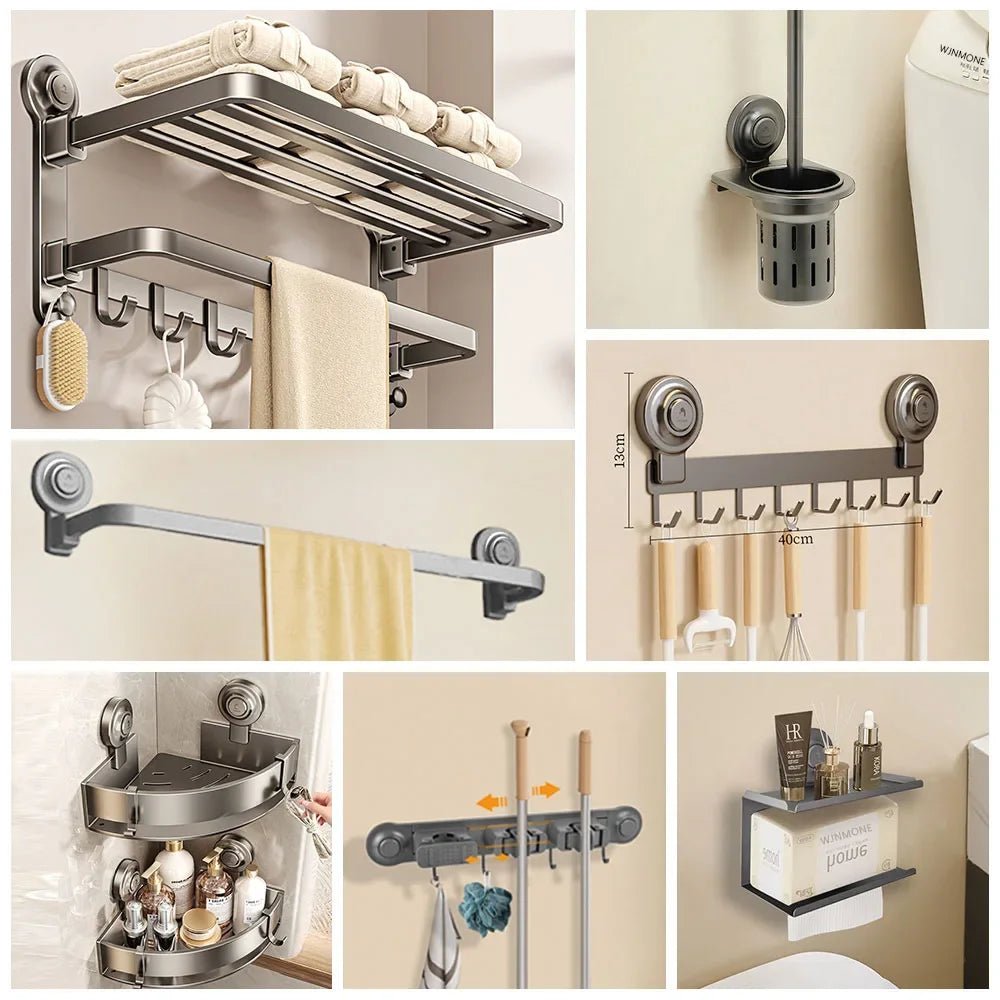 Bộ Phụ Kiện Tắm Xám - Giá Treo Khăn & Kệ Hút Chân Không - Daisan Store