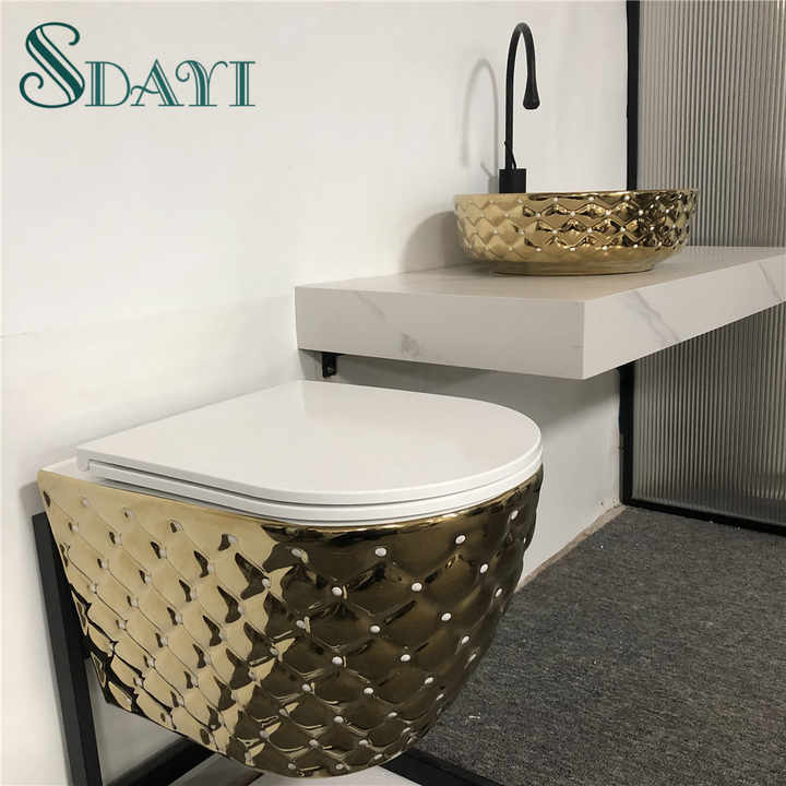 Bồn cầu treo tường bằng gốm sứ tiêu chuẩn SSDAYI màu vàng cho phòng tắm Thiết kế kim cương gắn tường Bồn cầu vệ sinh màu đen vàng - Daisan Store