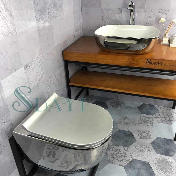 Bồn cầu treo tường hiện đại không vành SDAYI kiểu dáng sang trọng mới bằng gốm sứ trắng bạc mạ điện có két nước âm tường - Daisan Store