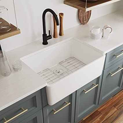 Bồn rửa Farmhouse màu trắng 24 inch có lưới đáy và bộ lọc, bồn rửa Apron, bồn rửa gốm đơn, bồn rửa nhà bếp nhỏ - Daisan Store